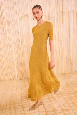 ULLA JOHNSON Maxine Short Sleeve Knit Long Dress - Gild -ULLA JOHNSON Outlet Reshoot ULLAJOHNSON MaxineShortSleeveKnitMidiDress GILD PF250721 03 1