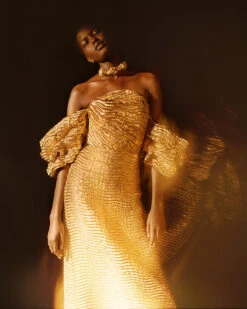 ULLA JOHNSON Nisha Metallic Draped Sleeve Gown - Oro -ULLA JOHNSON Outlet UJ AW25 CAMPAIGN 4x5 25