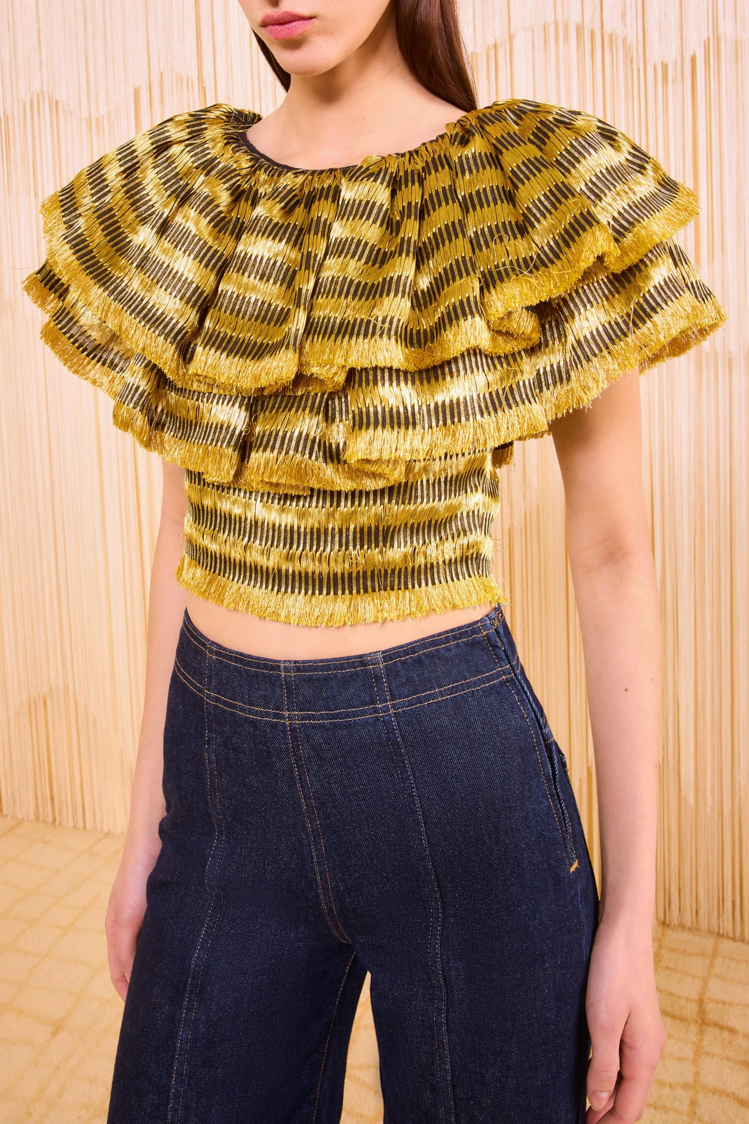 ULLA JOHNSON Clover Ruffle Crop Top - Gold Spun 3 ULLA JOHNSON Clover Ruffle Crop Top - Gold Spun - Image 3
