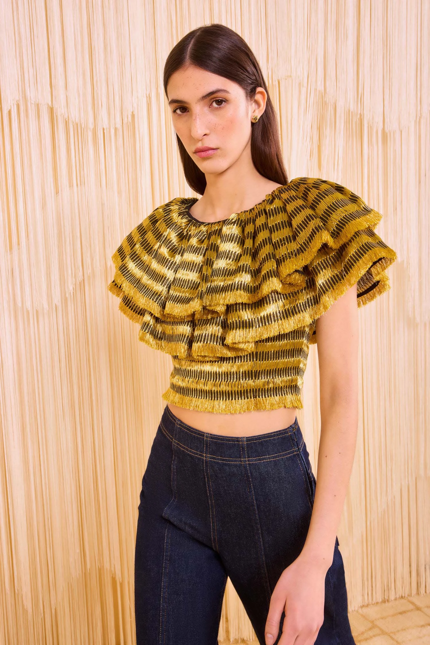 ULLA JOHNSON Clover Ruffle Crop Top - Gold Spun 2 ULLA JOHNSON Clover Ruffle Crop Top - Gold Spun - Image 2