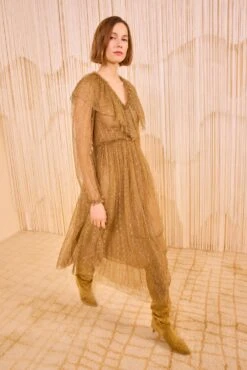 ULLA JOHNSON Helena Ruffle Neckline Long Sleeve Dress - Burnish