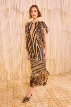 ULLA JOHNSON Nikita Fringe Sleeve Midi Dress - Tapir