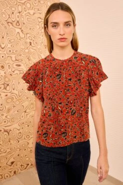 ULLA JOHNSON Adoni Short Sleeve Top - Terracotta -ULLA JOHNSON Outlet ULLAJOHNSON AdoniSilkFlutterSleeveTop TERRACOTTA PS260242 03