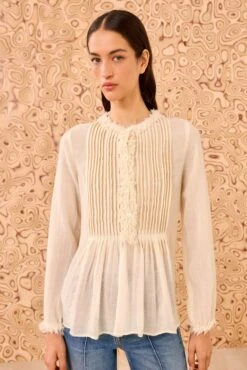 ULLA JOHNSON Adriel Long Sleeve Tunic Blouse - Cowrie