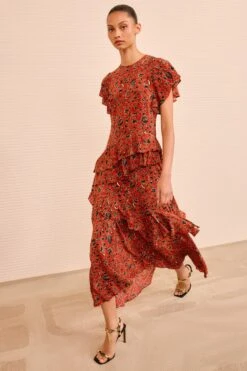 ULLA JOHNSON Amaia Cascading Ruffle Midi Dress - Terracotta