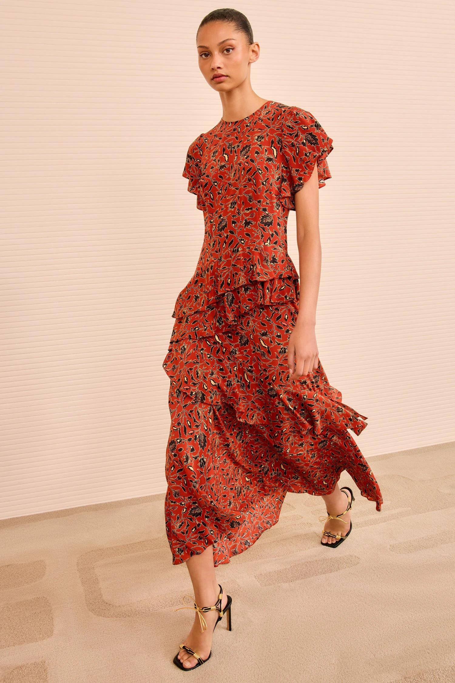 ULLA JOHNSON Amaia Cascading Ruffle Midi Dress - Terracotta 1 ULLA JOHNSON Amaia Cascading Ruffle Midi Dress - Terracotta