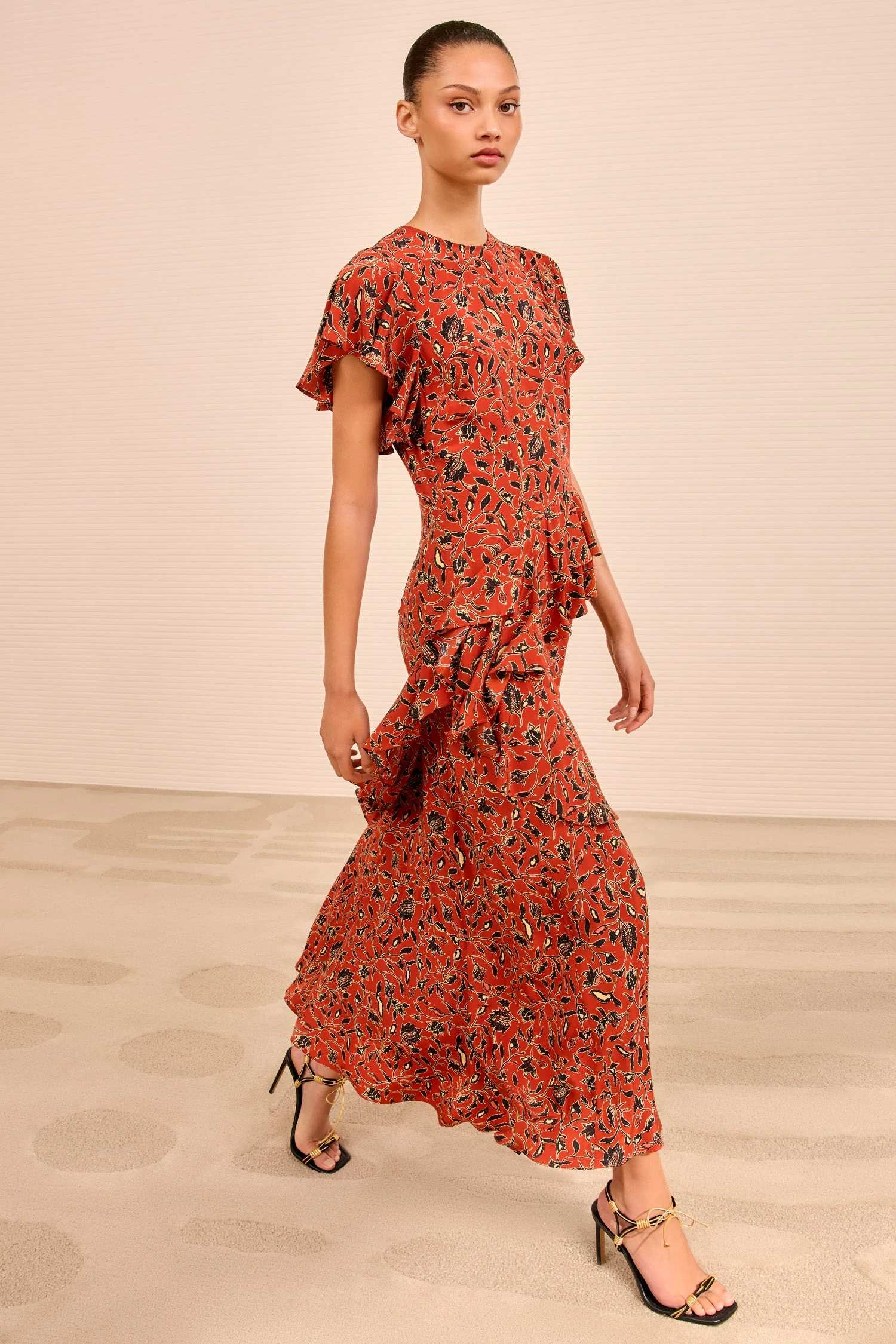 ULLA JOHNSON Amaia Cascading Ruffle Midi Dress - Terracotta 3 ULLA JOHNSON Amaia Cascading Ruffle Midi Dress - Terracotta - Image 3