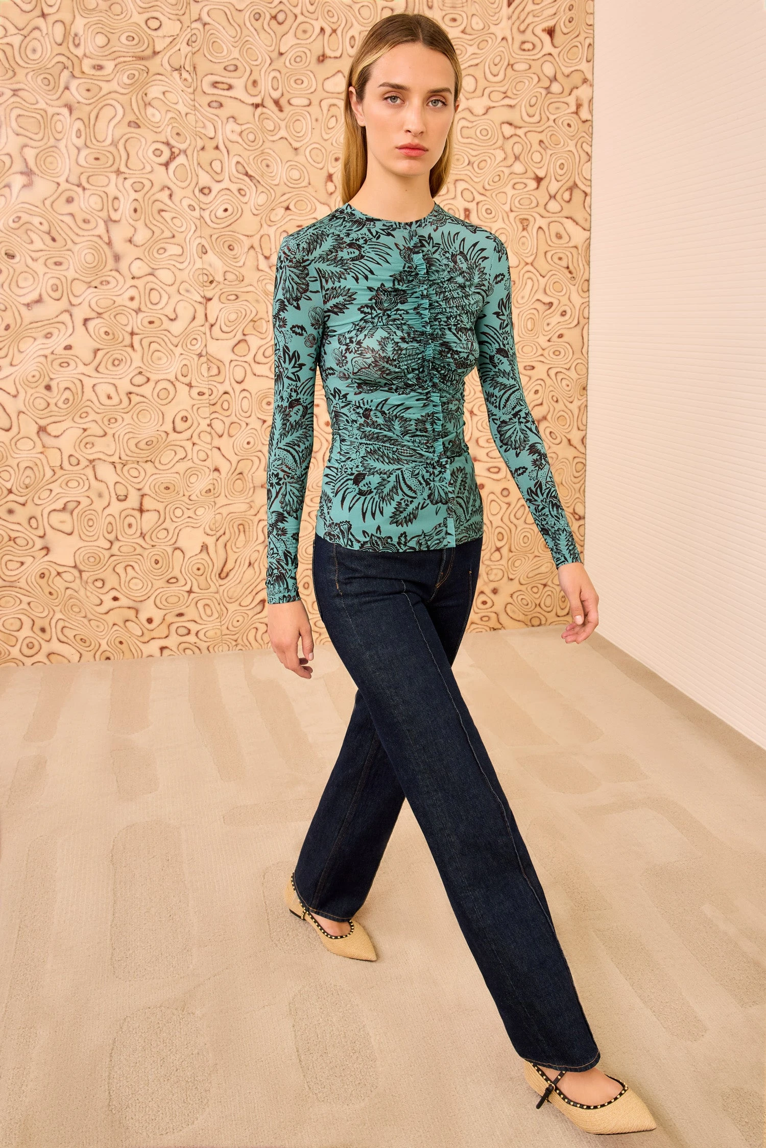 ULLA JOHNSON Asha Ruched LS Top - Ocean Flora 1 ULLA JOHNSON Asha Ruched LS Top - Ocean Flora