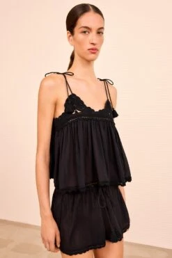 ULLA JOHNSON Bermuda Coverup Top With Crochet Detail - Noir