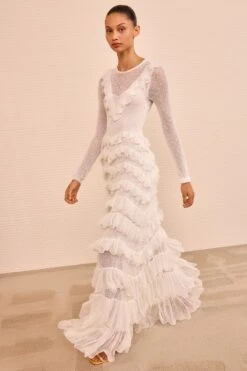 ULLA JOHNSON Calliope Long Sleeve Tiered Ruffle Long Dress - Cowrie