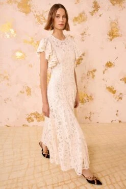 ULLA JOHNSON Cecile Applique Flutter Sleeve Long Dress - Chalk