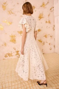 ULLA JOHNSON Cecile Applique Flutter Sleeve Long Dress - Chalk -ULLA JOHNSON Outlet ULLAJOHNSON CecileAppliqueFlutterSleeveMidiDress CHALK FA250100 04