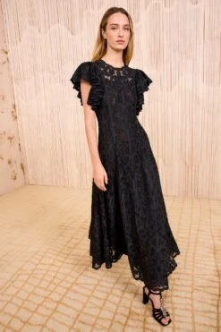 ULLA JOHNSON Cecile Applique Flutter Sleeve Long Dress - Noir