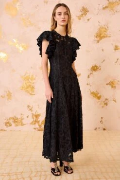 ULLA JOHNSON Cecile Applique Flutter Sleeve Long Dress - Noir -ULLA JOHNSON Outlet ULLAJOHNSON CecileAppliqueFlutterSleeveMidiDress NOIR FA250100 03