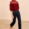 ULLA JOHNSON Corinna Mock Neck Tiered Ruffle Top - Claret