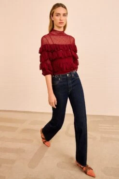 ULLA JOHNSON Corinna Mock Neck Tiered Ruffle Top - Claret