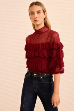 ULLA JOHNSON Corinna Mock Neck Tiered Ruffle Top - Claret -ULLA JOHNSON Outlet ULLAJOHNSON CorinnaHighNeckKnitTop CLARET PS260719 03