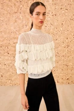 ULLA JOHNSON Corinna Mock Neck Tiered Ruffle Top - Cowrie