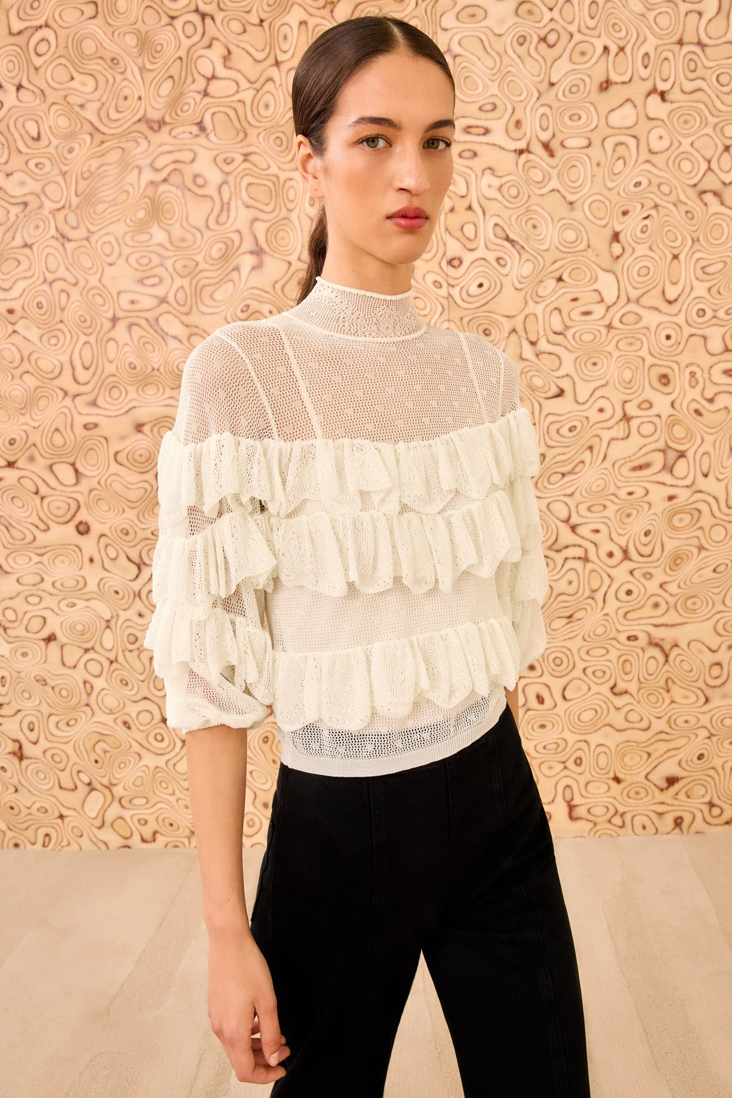 ULLA JOHNSON Corinna Mock Neck Tiered Ruffle Top - Cowrie 1 ULLA JOHNSON Corinna Mock Neck Tiered Ruffle Top - Cowrie