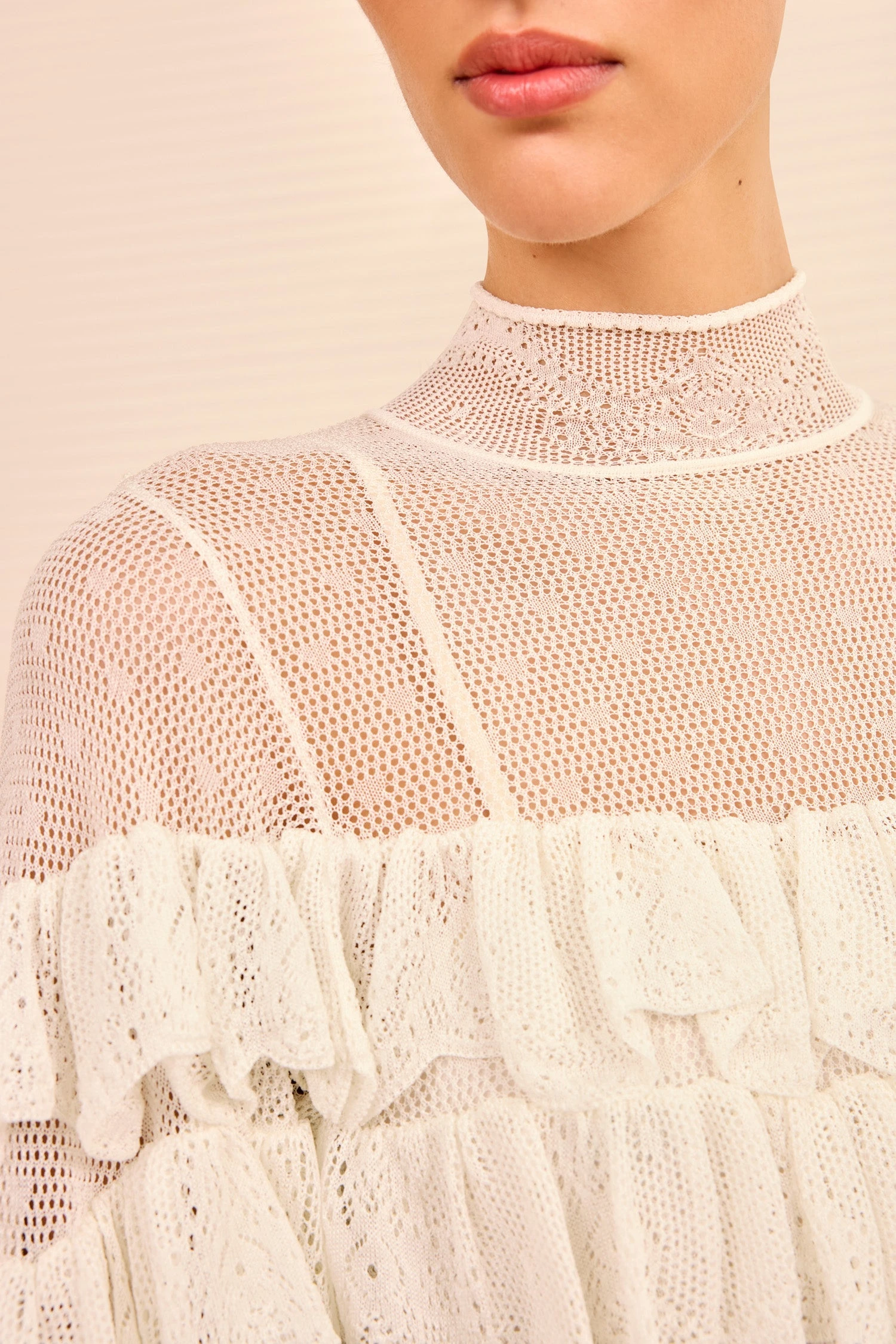 ULLA JOHNSON Corinna Mock Neck Tiered Ruffle Top - Cowrie 2 ULLA JOHNSON Corinna Mock Neck Tiered Ruffle Top - Cowrie - Image 2