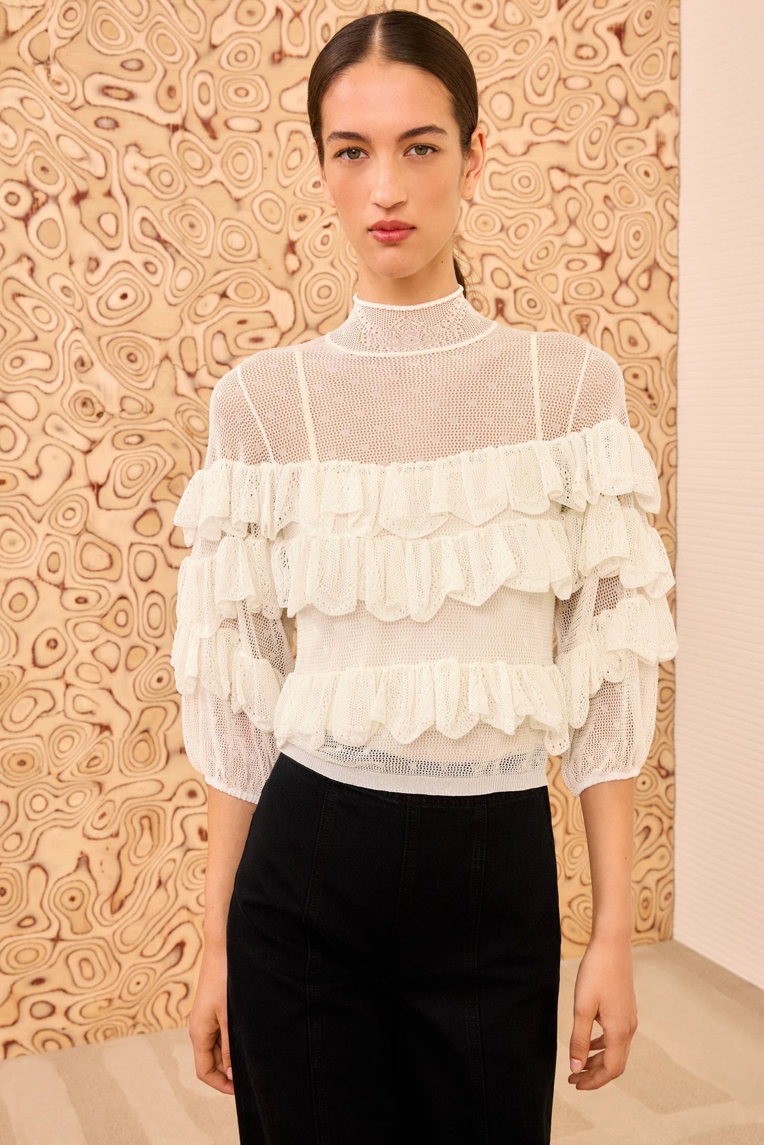 ULLA JOHNSON Corinna Mock Neck Tiered Ruffle Top - Cowrie 4 ULLA JOHNSON Corinna Mock Neck Tiered Ruffle Top - Cowrie - Image 4