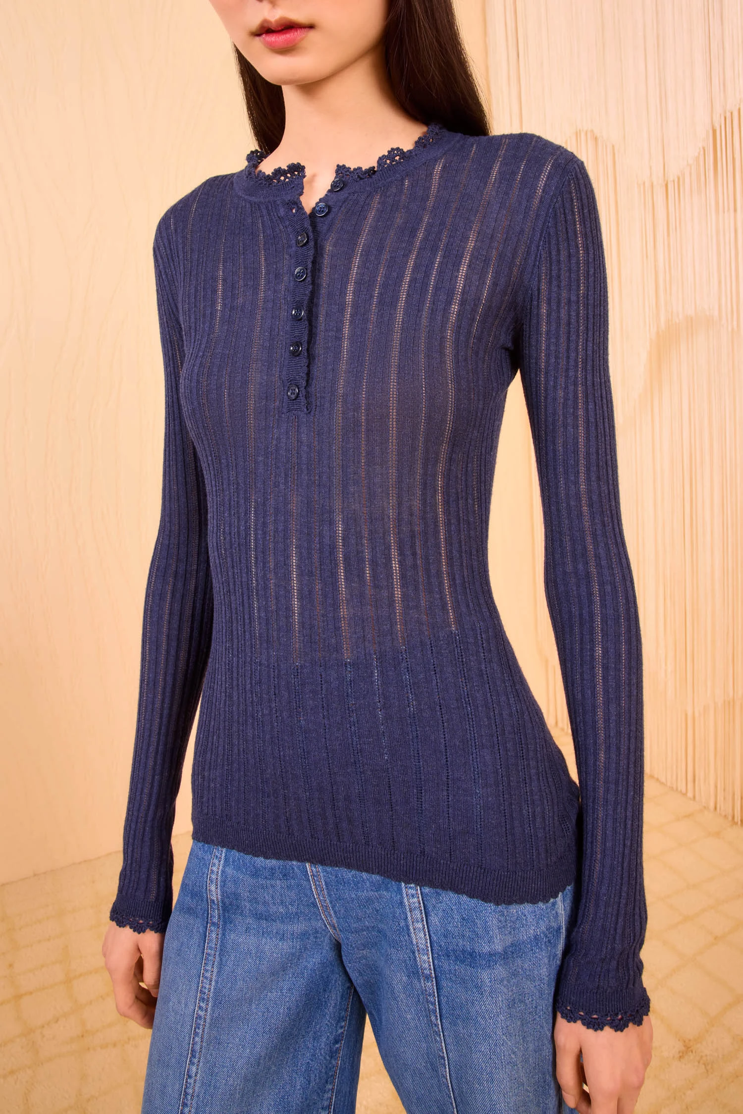 ULLA JOHNSON Delia Long Sleeve Henley Knit Top - Midnight 2 ULLA JOHNSON Delia Long Sleeve Henley Knit Top - Midnight - Image 2