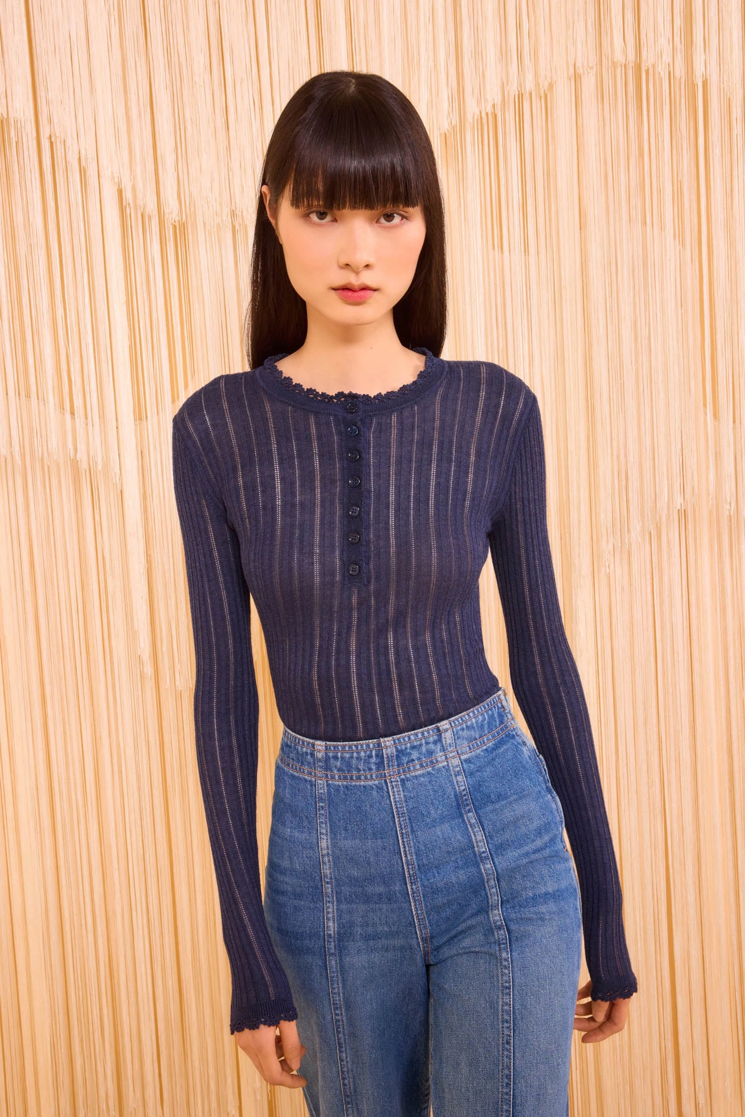 ULLA JOHNSON Delia Long Sleeve Henley Knit Top - Midnight 3 ULLA JOHNSON Delia Long Sleeve Henley Knit Top - Midnight - Image 3