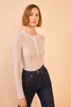 ULLA JOHNSON Delia Long Sleeve Henley Knit Top - Pristine -ULLA JOHNSON Outlet ULLAJOHNSON DeliaLongSleeveHenleyKnitTop PRISTINE PF250738 03