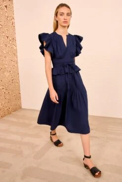 ULLA JOHNSON Florence Flutter Sleeve Midi Dress - Midnight