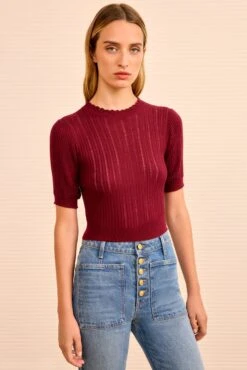 ULLA JOHNSON Gemma Puff Sleeve Top - Claret 6 ULLA JOHNSON Gemma Puff Sleeve Top - Claret -ULLA JOHNSON Outlet ULLAJOHNSON GemmaShortSleeveKnitTop CLARET PS260749 03
