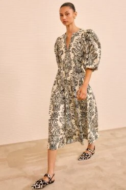 ULLA JOHNSON Harriet Puff Sleeve Midi Dress - Ivory Flora