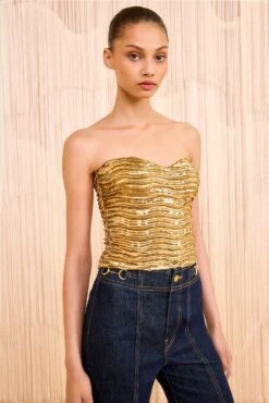ULLA JOHNSON Heleen Metallic Cropped Bustier Top - Oro