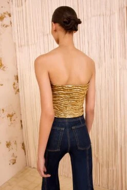 ULLA JOHNSON Heleen Metallic Cropped Bustier Top - Oro -ULLA JOHNSON Outlet ULLAJOHNSON HeleenMetallicCroppedCamiTop ORO FA250235 04