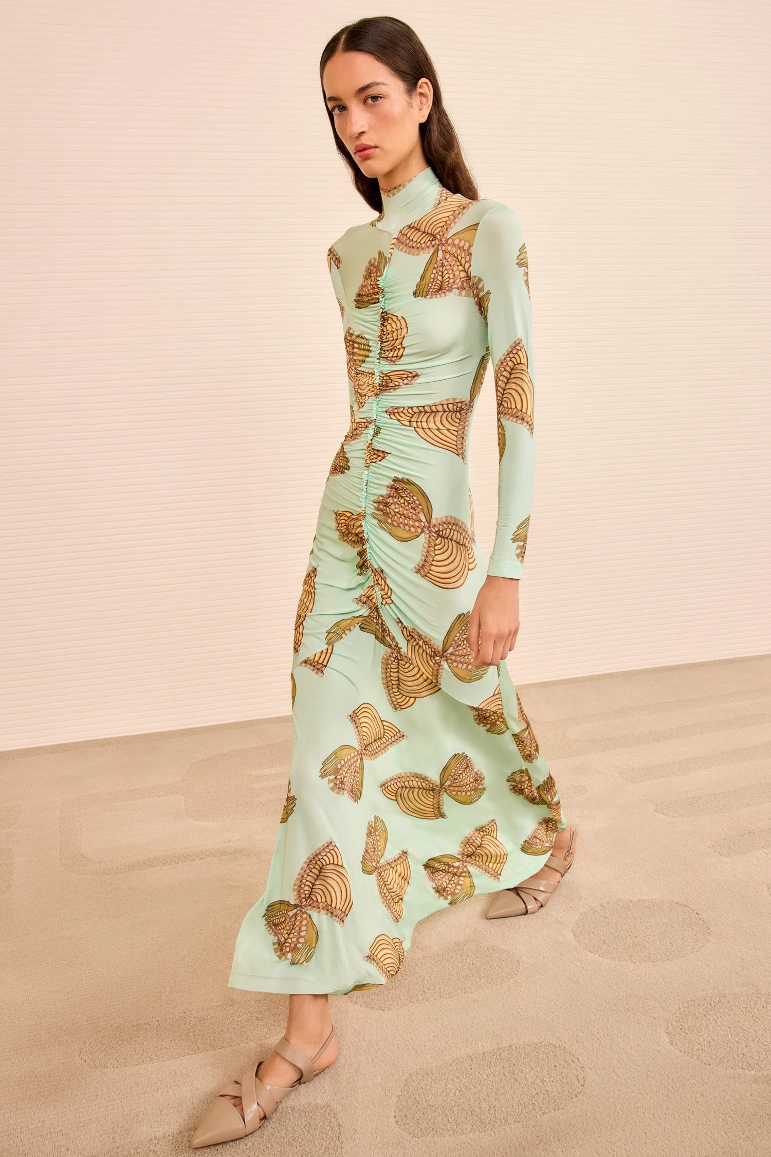 ULLA JOHNSON Ida Ruched Turtleneck Dress - Water Blossoms 1 ULLA JOHNSON Ida Ruched Turtleneck Dress - Water Blossoms