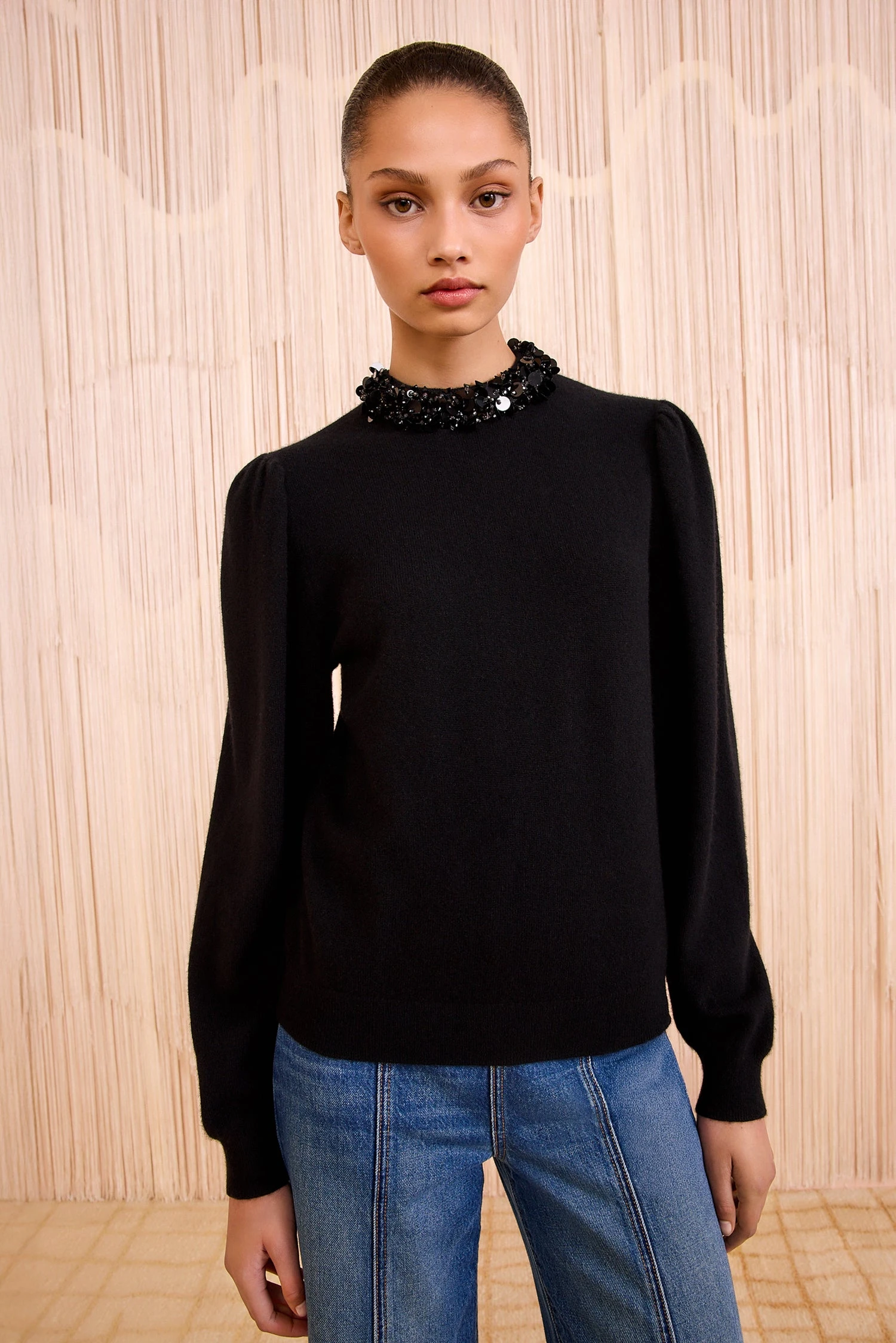 ULLA JOHNSON Kalani Embroidered Cashmere Long Sleeve - Noir 3 ULLA JOHNSON Kalani Embroidered Cashmere Long Sleeve - Noir - Image 3