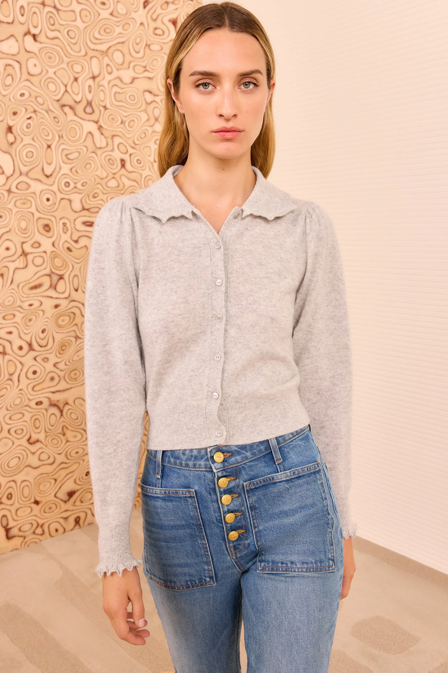 ULLA JOHNSON Kalila Collared Cardigan - Pebble 3 ULLA JOHNSON Kalila Collared Cardigan - Pebble - Image 3