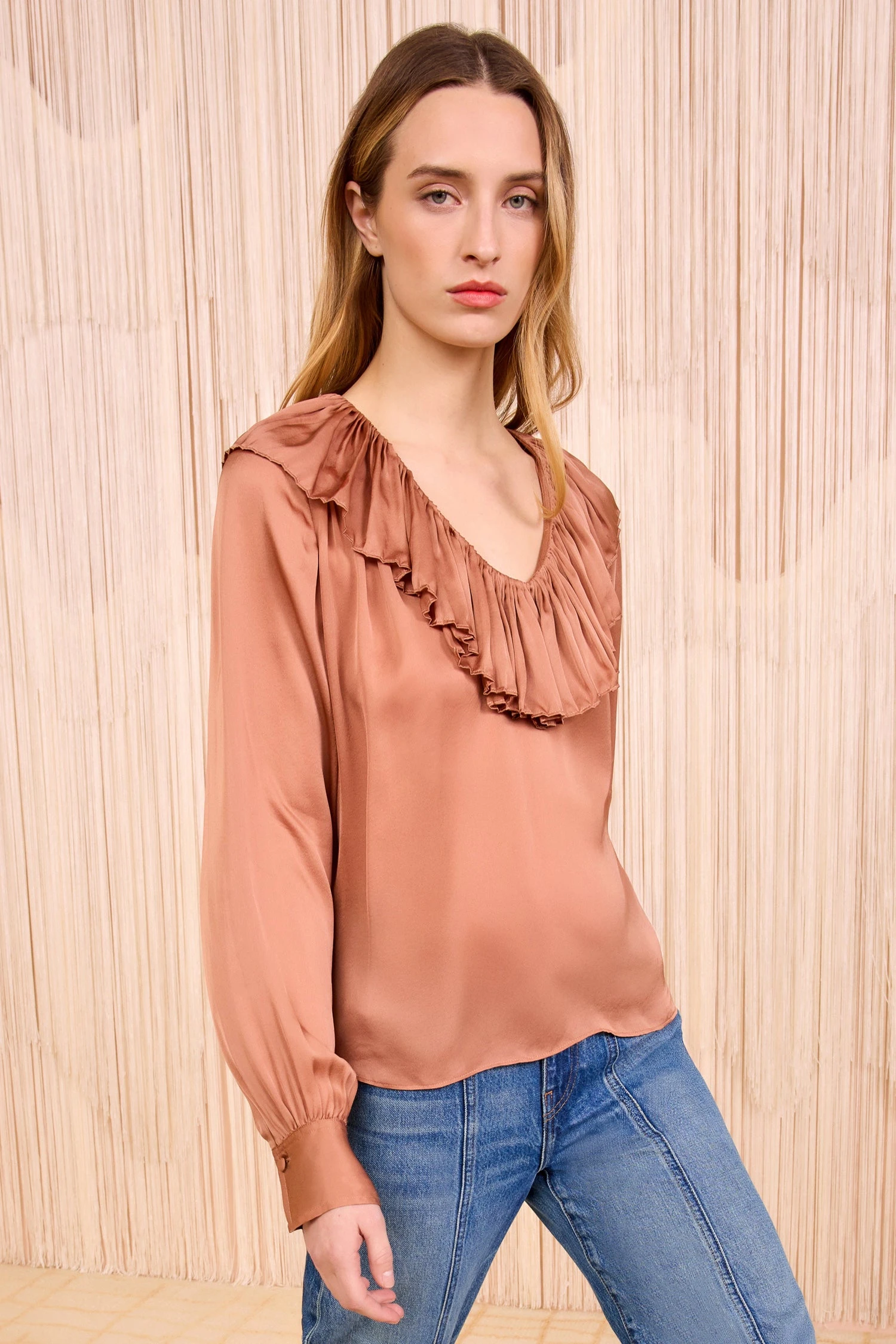 ULLA JOHNSON Liese Silk Ruffle Neckline Long Sleeve Blouse - Desert Rose 1 ULLA JOHNSON Liese Silk Ruffle Neckline Long Sleeve Blouse - Desert Rose