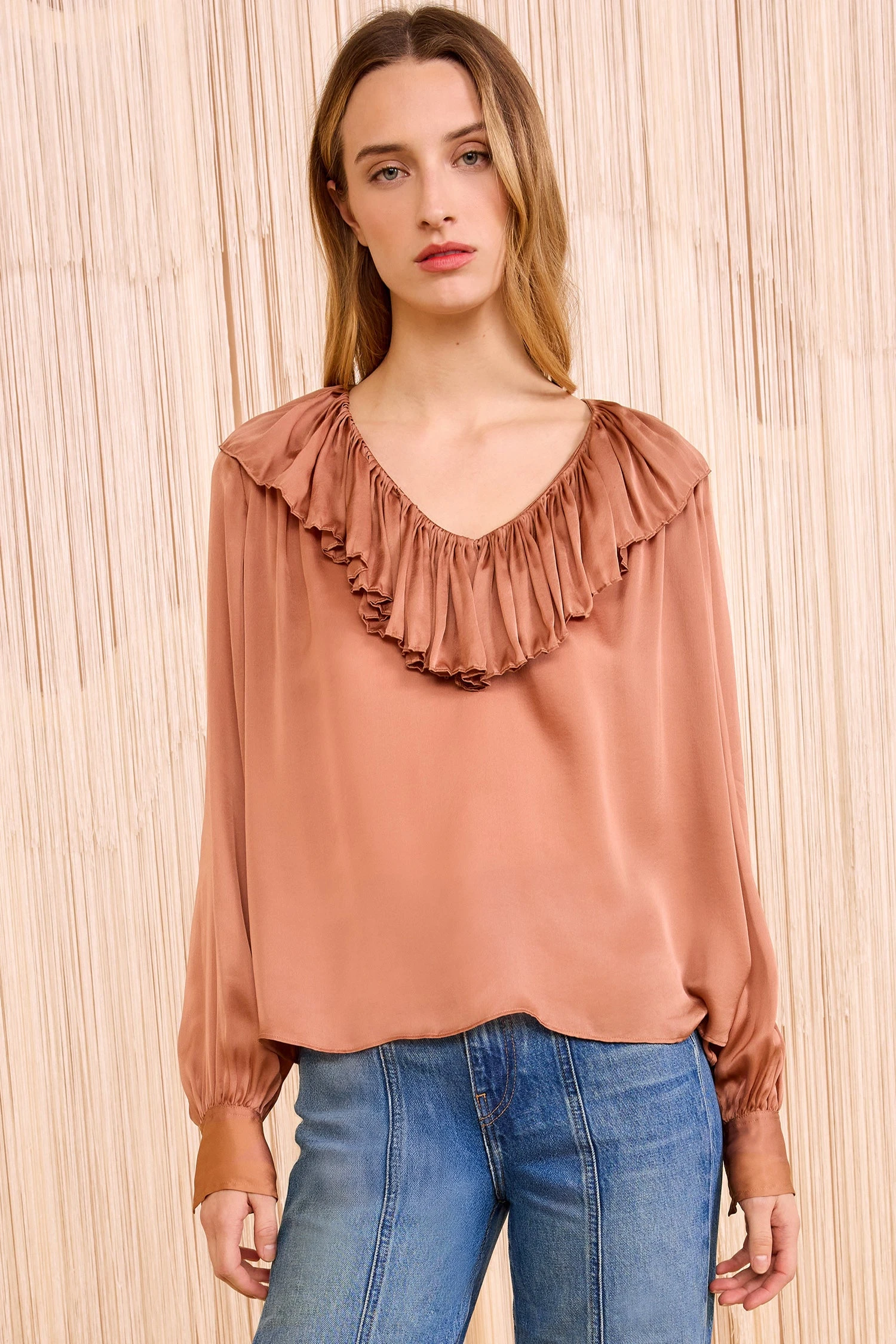 ULLA JOHNSON Liese Silk Ruffle Neckline Long Sleeve Blouse - Desert Rose 3 ULLA JOHNSON Liese Silk Ruffle Neckline Long Sleeve Blouse - Desert Rose - Image 3