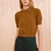 ULLA JOHNSON Liv Embroidered Cashmere Short Sleeve Knit - Umber