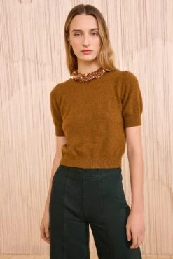 ULLA JOHNSON Liv Embroidered Cashmere Short Sleeve Knit - Umber
