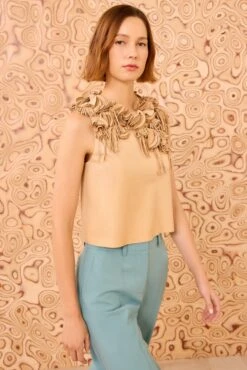 ULLA JOHNSON Marlowe Floral Applique Leather Top - Alabaster