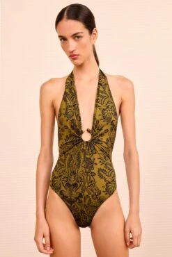 ULLA JOHNSON Milos Halter Maillot With Ring Detail - Olive Flora