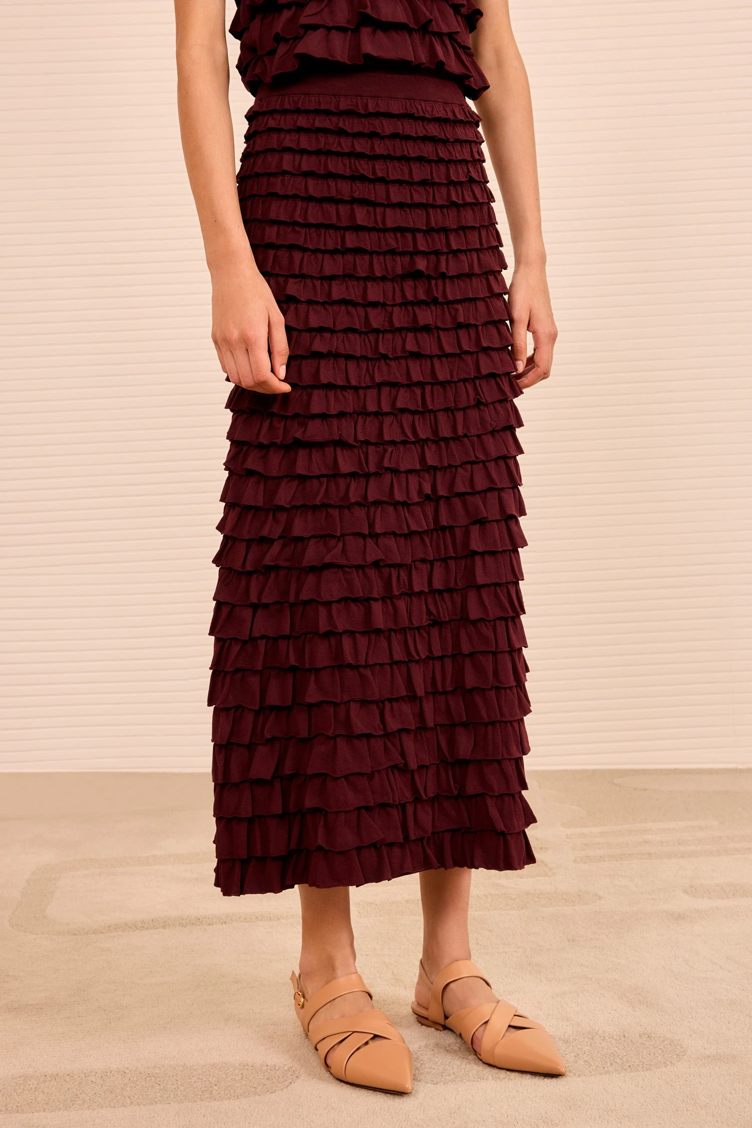 ULLA JOHNSON Mimi Ruffled Midi Skirt - Claret 2 ULLA JOHNSON Mimi Ruffled Midi Skirt - Claret - Image 2