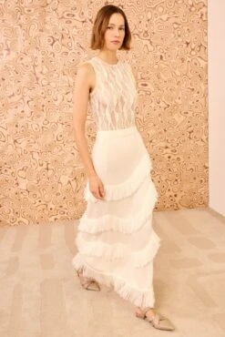 ULLA JOHNSON Mirena Midi Knit Fringe Skirt - Cowrie