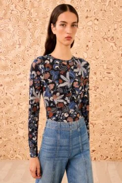 ULLA JOHNSON Neri Long Sleeve Ruched Top - Moonlight Floral