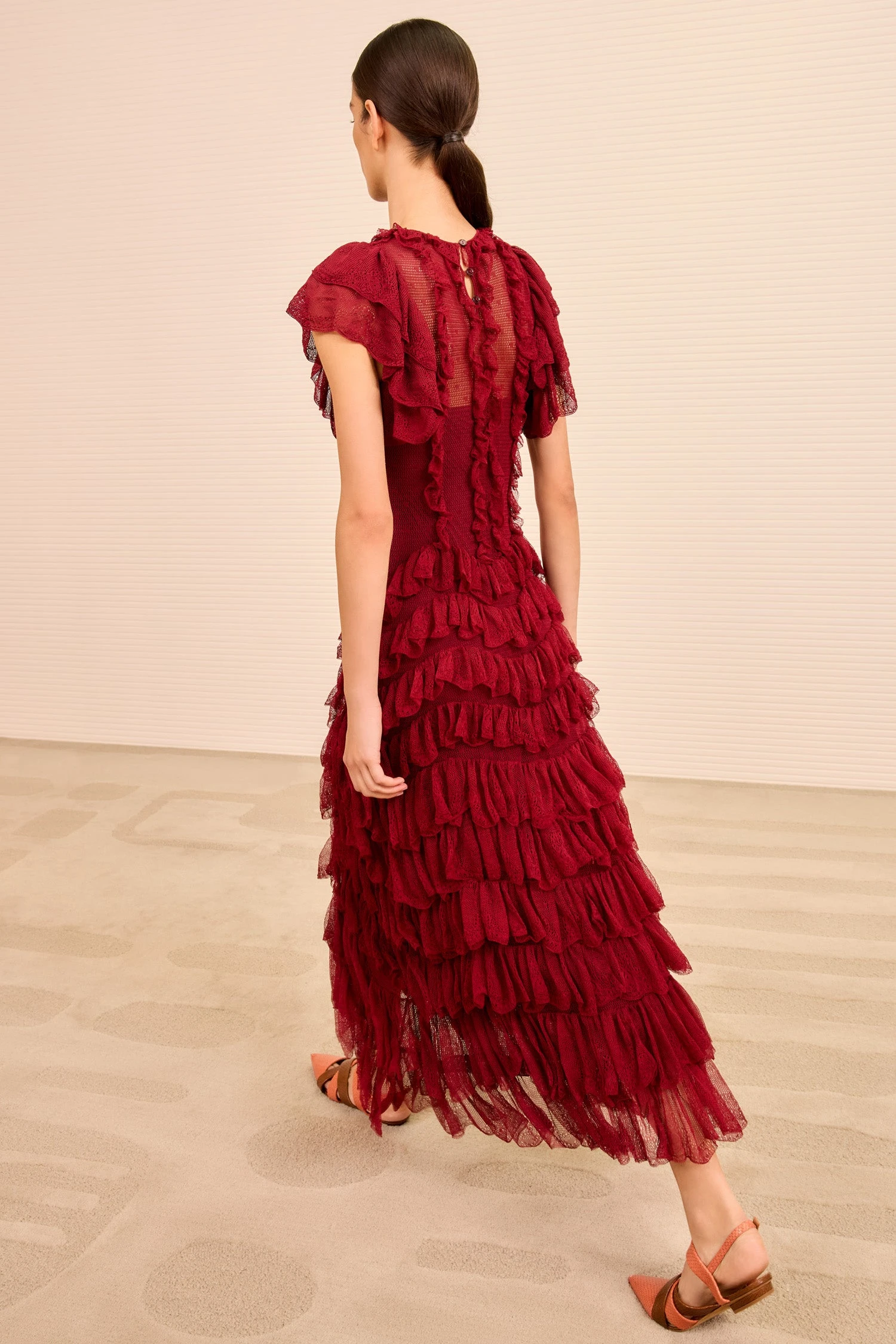 ULLA JOHNSON Ondine Ruffle Midi Dress - Claret 4 ULLA JOHNSON Ondine Ruffle Midi Dress - Claret - Image 4