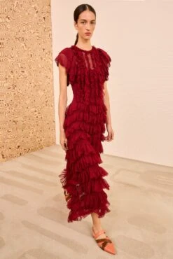 ULLA JOHNSON Ondine Ruffle Midi Dress - Claret 9 ULLA JOHNSON Ondine Ruffle Midi Dress - Claret -ULLA JOHNSON Outlet ULLAJOHNSON OndineFlutterSleeveKnitDress CLARET PS260752 05