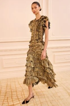 ULLA JOHNSON Ondine Ruffle Midi Dress - Gold Foil