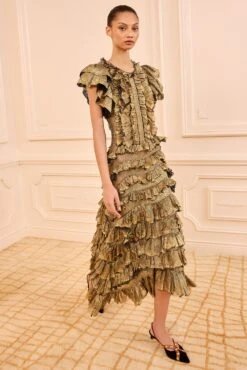 ULLA JOHNSON Ondine Ruffle Midi Dress - Gold Foil -ULLA JOHNSON Outlet ULLAJOHNSON OndineFlutterSleeveKnitDress GOLDFOIL PS260752 03