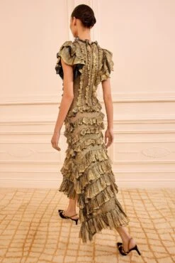 ULLA JOHNSON Ondine Ruffle Midi Dress - Gold Foil -ULLA JOHNSON Outlet ULLAJOHNSON OndineFlutterSleeveKnitDress GOLDFOIL PS260752 05